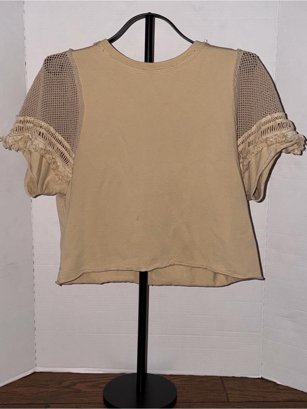 Fate Cream Crochet Mesh Sleeve Cropped Top